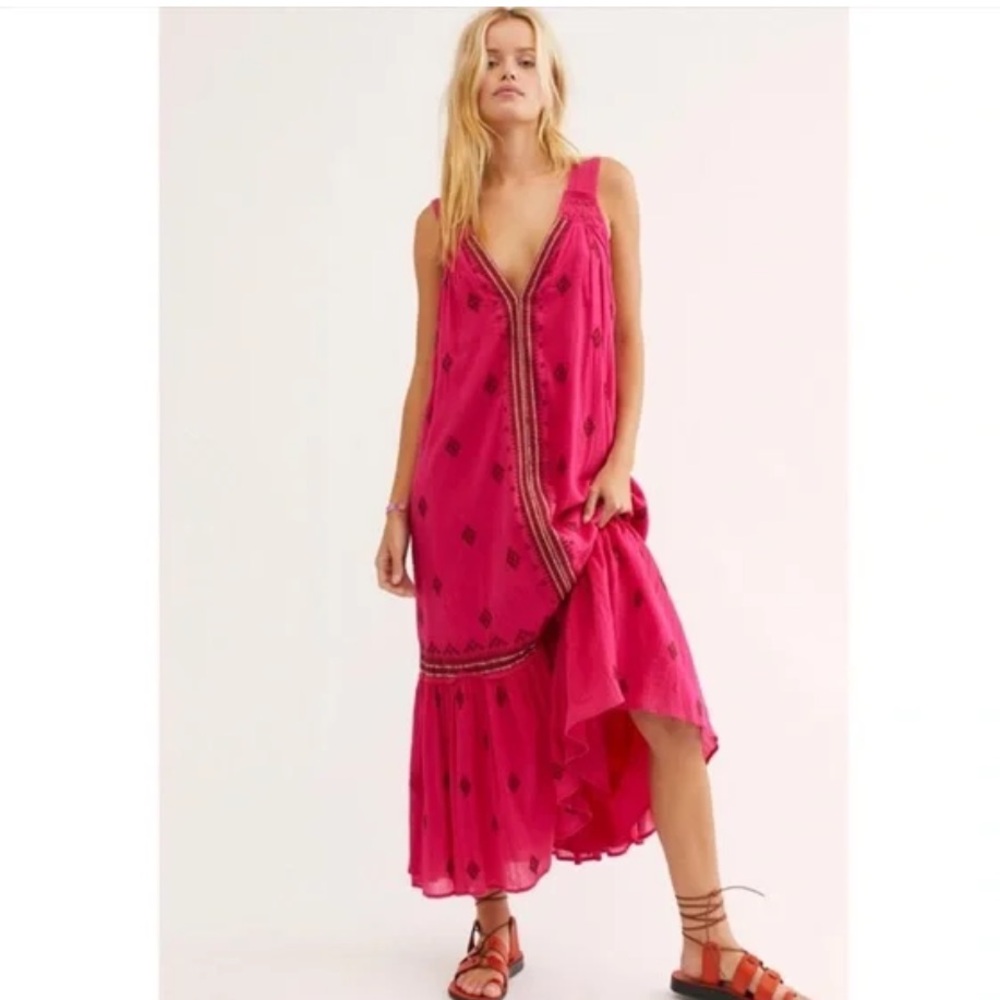 Free People Nomadic Dreams Hot Pink Embroidered Maxi Dress Size Medium MSRP $168